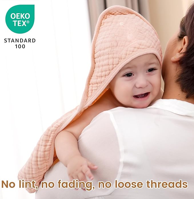 david's kids 2 Pack Hooded Baby Towels, Large 32"x32", 6 Layer 100% Muslin Cotton Absorbent Girl Bath Towel for Newborn, Infant and Toddler. Soft and Breathable Baby Essentials, Pink Floral&Rose