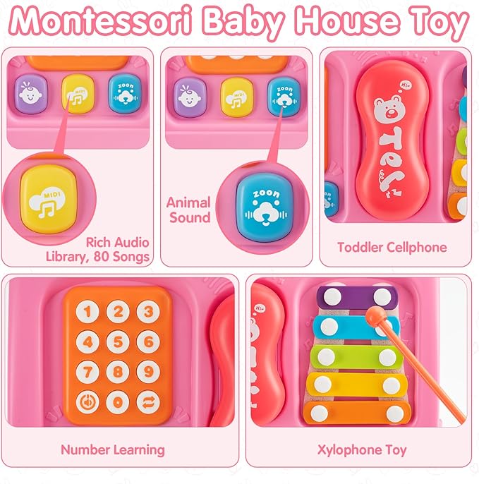 Montessori Toys for 1 Year Old, Baby Music Toys for 1 Year Old Girl Gift, 12-in-1 Musical House Toddler Learning Toy for 1 2 3 Ages, First Birthday Gifts for Girls and Boys, Educational Toy, (Pink)