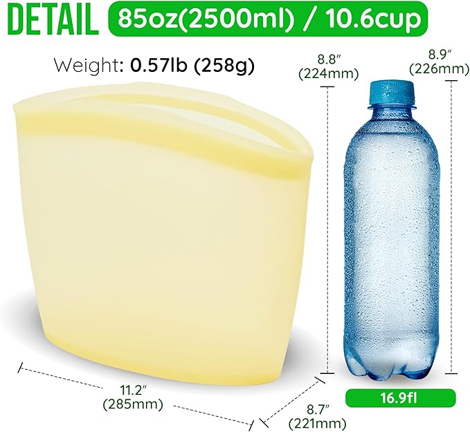 Premium Platinum Silicone Reusable Food Storage Bag 10.6 Cup (84 fl oz), Airtight Zip Lock Bags for Food, BPA-Free Silicone Freezer Bags, Microwave Safe Sous Vide Container, Yellow