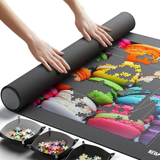 Newverest Jigsaw Puzzle Mat Roll Up, Saver Pad 39.4” x 23.6” Portable Keeper Up to 1000 Pieces with Non-Slip Rubber Bottom and Polyester Top + 3 Puzzle Sorting Trays, Travel-Friendly Storage Bag