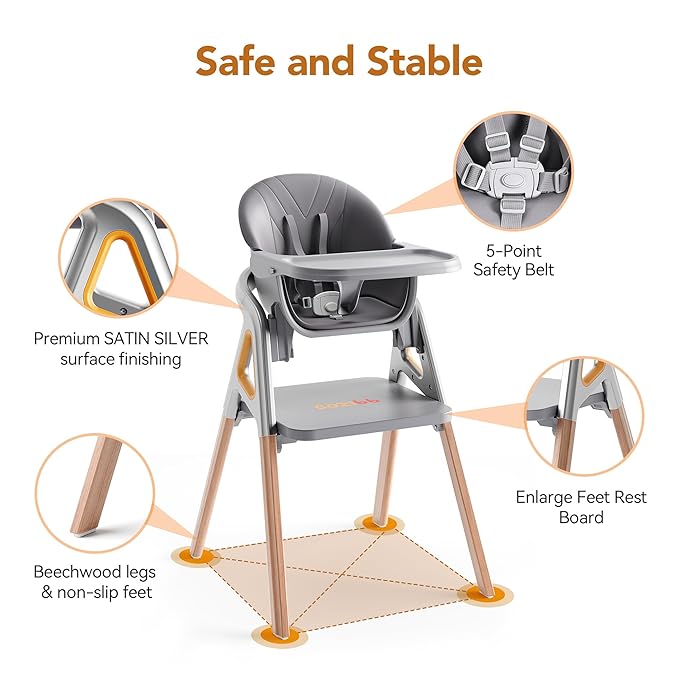 CoziBB Baby High Chair, 6-in-1 Convertible Growing Baby High Chair for Infants and Toddlers with Adjustable Plates and Seats, 5-Point Seat, Grey