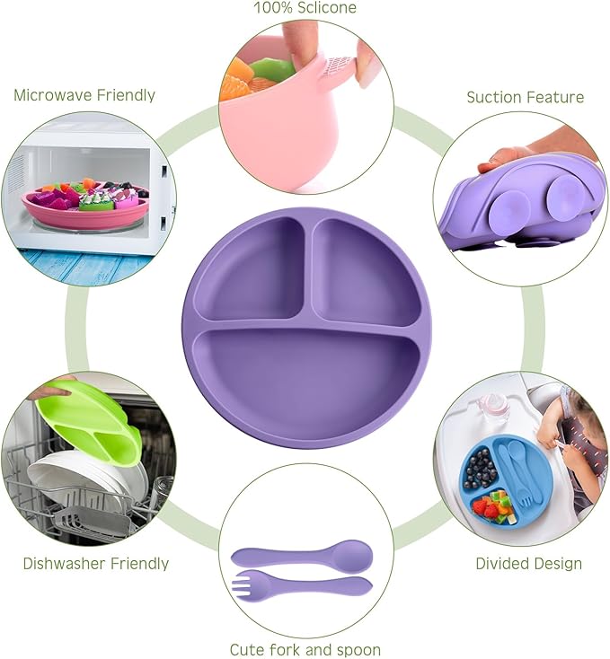 Dandat 24 Pcs Silicone Baby Feeding Set,6 Baby Toddler Suction Bowls 6 Divided Suction Plates with 6 Forks 6 Spoons, Utensils Set for Weaning Infant Feeding and Eating, 6 Styles(Bright Color)