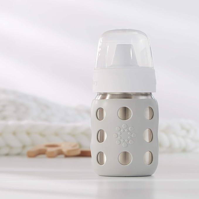 Lifefactory 8-Ounce Stainless-Steel Vacuum-Insulated Wide-Neck Baby Bottle with Hard Sippy, Stone Gray, LS2221WCG4