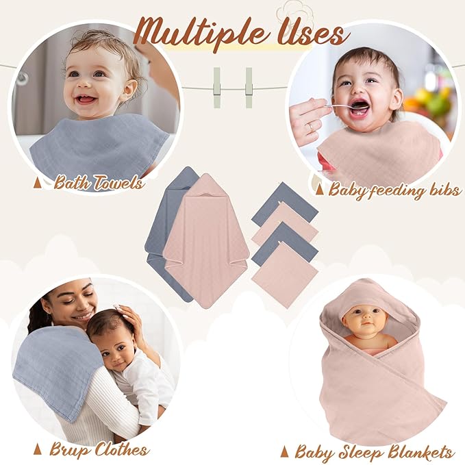Preboun 6 Pcs Muslin Hooded Baby Towels and Washcloths 32"x 32" Cotton Newborn Bath Towel Anti-Shrink Infant Baby Blankets with Hood 12"x 12" Washcloths for Girl Boy Toddler(Blue,Light Purple)