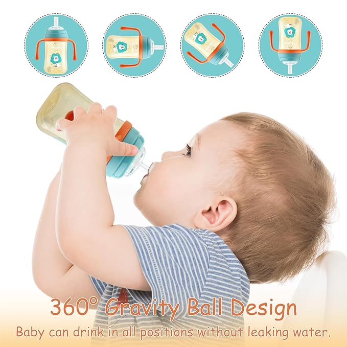 Qshare Sippy Cups for Toddlers, Weighted Straw Learner Cup with Handle for Babies, Water Bottle for Baby 6 Months with 3 Type of Spout, 8 Ounce (Green)