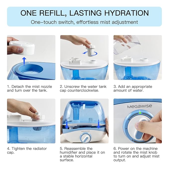 MegaWise Humidifiers for Bedroom Home, 5.0L Cool Mist Humidifier for Home Plant and Baby Nursery, Quiet Ultrasonic Humidifier with 360° Nozzle, Auto Shut-Off, Blue