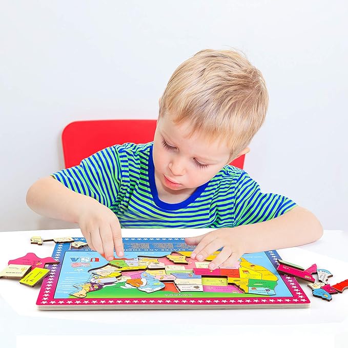 Wondertoys 46 Pieces Wooden USA Map Puzzle for Kids US Map Puzzle Educational Geography Puzzles United States Map Puzzle for Boy Girl