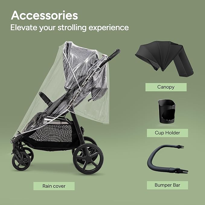 Mompush Nova Baby Stroller for Toddler, Infant & Newborn | Spacious Seat & Lie-Flat Mode | Compact One-Hand Fold, UPF 50+ Canopy & All-Wheel Suspension | Includes Rain Cover & Cup Holder