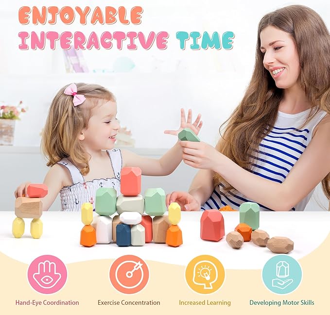 36PCS Wooden Stacking Rocks Building Blocks, Montessori Toys for 3 4 5 year old Stacking Game Sensory Preschool Learning Activities, Balancing Stones Birthday Gifts for Kids 3-5 Easter Basket Stuffers