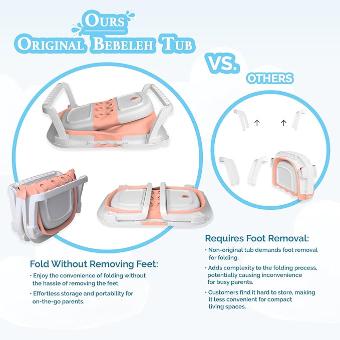 BEBELEH™ Collapsible Baby Bathtub – Bathtub + Baby tub Sling + Newborn Sling – Baby Bathtub Newborn to Toddler 0-24 Months – The Ultimate Travel Baby Bath Tub and Everyday Use! (Pink)