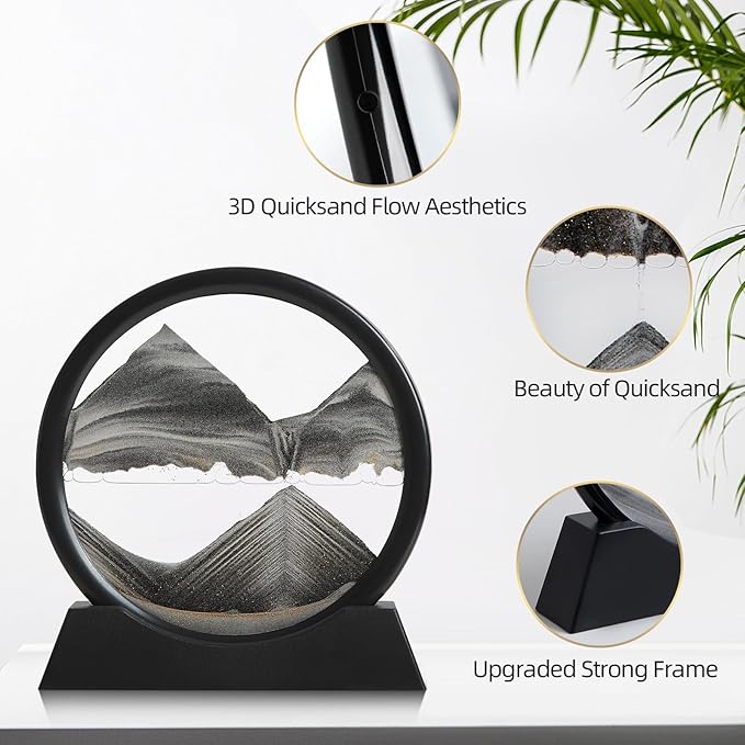 Moving Sand Art Liquid Motion, 3D Deep Sea Sandscape Color Quicksand Decor, Round Glass Moving Sand Art Picture Relaxing Desktop Home Office Work Decor (Black, 7 inch)