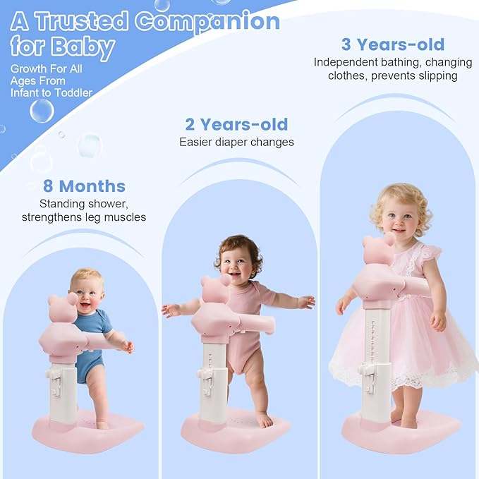Adjustable Baby Shower Stand with Slip Base,Huggable Bear Bathing Support,Portable Shower Baby Stand,Bath Standing Shower, Baby Bath Seat(Pink)