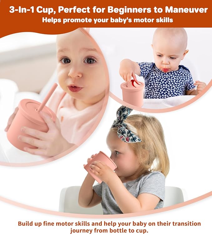 ECLIP Silicone Baby Feeding Set, 10 Pcs Baby Eating Essentials with Suction Bowl Divided Plate Adjustable Bib Soft Spoon Fork Snack Cup with Lid Drinking Cup, Utensil (Brick Red)