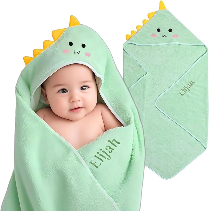 Personalized Baby Towels for Newborn Custom Embroidery Name Hooded Baby Bath Towels for Boy Girl Newborn Essentials Must Haves Shower Gift Soft Coral Velvet 30"x30" (Green)