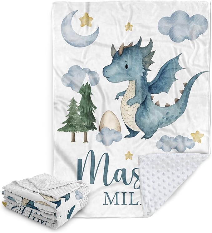 Personalized Baby Boy Blanket with Dinosaur Design, Custom Name Blanket for Toddlers Infants Boys Girls, Nursery Double Layer Dotted Backing Receiving Swaddle, Adorable Baby Gift Idea(47"x60")