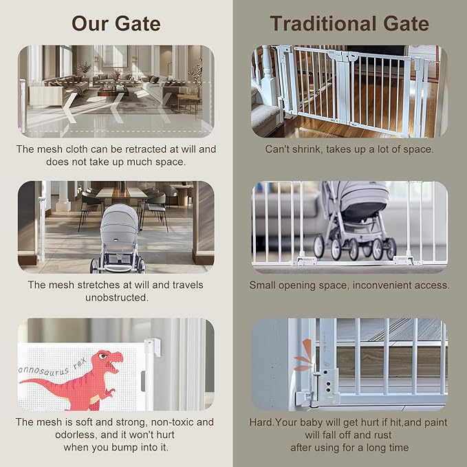 Retractable Baby Gate for Doorways and Stairs, Mesh Safety Gate for Pet, Indoor & Outdoor Use, One-Hand Operation, Easy Installation, 34" Tall, Expands to 130" Wide,Dinosaurs,34"x130"