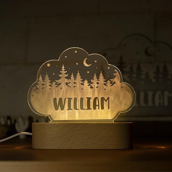 Night Light for Kids Room Personalized, Nursery Room Decor, Custom W/Name, Bedside Lamp, Birthday Gifts for Boys and Girls, Forest