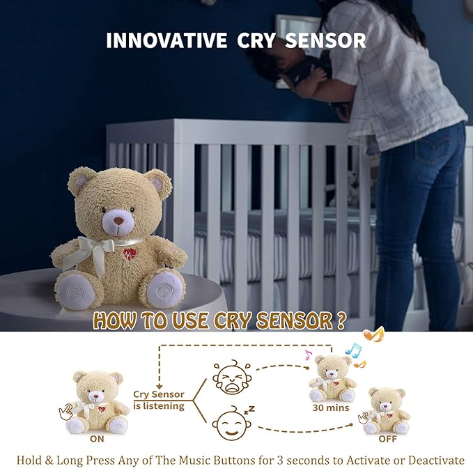 BEREST Sleeping Bear Baby Sleep Soother- Mom's Heartbeat White Noise Machine Infant Stuffed Animal Bear Toy Sleeping Aid, Nursery Decor with Baby Cry Sensor, Night Light, 9 Soothing Sounds Therapy