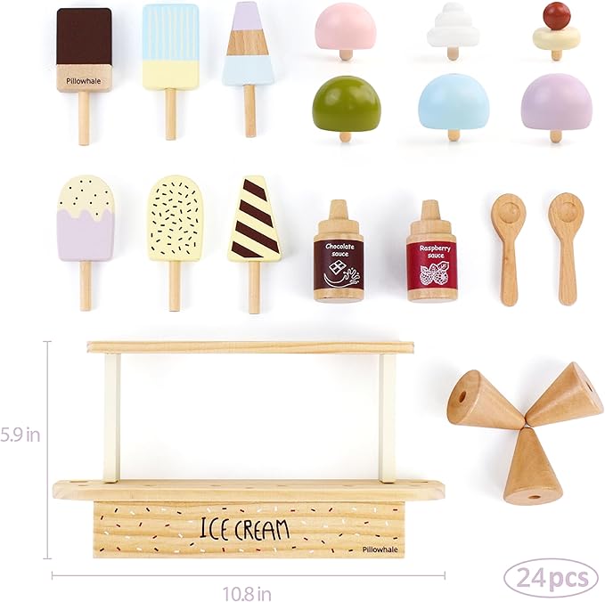 Wooden Ice Cream Play Set for Kids – 24 PCS Pretend Ice Cream Toy Counter with Cones, Popsicles, Toppings, Sauces & Spoons – Wooden Play Food Toys, Role Kitchen Accessories for Toddlers 3-5