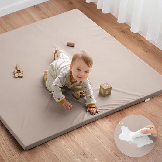 Blissful Diary Vegan Leather Baby Play Mat, 47x47 Thicken Foam Cushioned & Waterproof Playpen Mat for Infants and Toddlers, Stylish and Just Wipe-Clean Playmat for Baby Play on Floor, Taupe