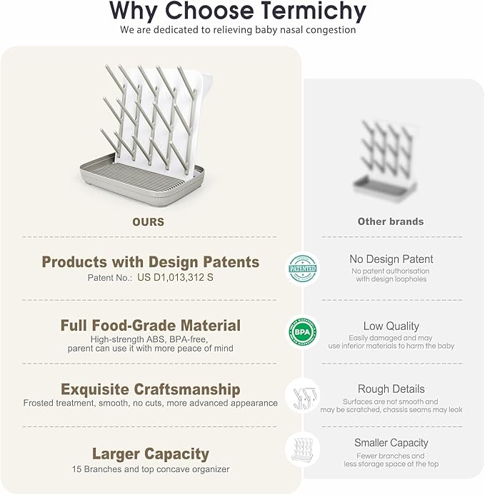 Termichy Baby Bottle Drying Rack: Large Vertical Bottle Dryer Rack Holder - Space Saving Standing Drying Rack for Baby Bottles and Pump Part Cleaning (Khaki)