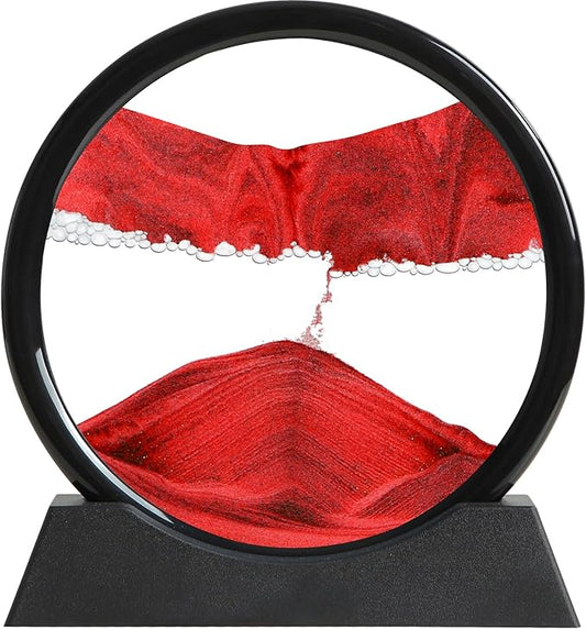 Moving Sand Art Liquid Motion, 3D Deep Sea Sandscape Color Quicksand Decor, Round Glass Moving Sand Art Picture Relaxing Desktop Home Office Work Decor (Red, 7 inch)