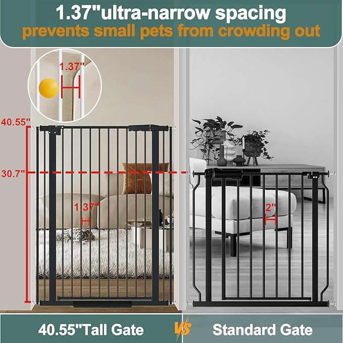 40.55" Tall 1.37" Ultra Narrow Spacing Dogs Pets Baby Gate for Doorway Safety Proof Indoor 53.74-61.61" Extra Wide Puppy Pressure Mounted No Drill Walk Through Black Metal Hallway