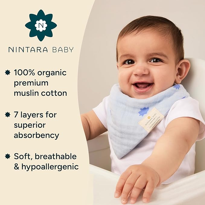 Bandana Bibs - 100% Organic Premium Muslin Cotton, 7-Layers for Drooling, Teething, Feeding