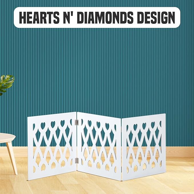 Bundaloo Freestanding Dog Gate Expandable Decorative Wooden Fence for Small to Medium Pet Dogs, Barrier for Stairs, Doorways, & Hallways (Hearts N' Diamonds)