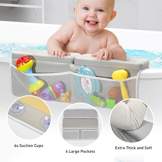 Comfortable Bath Kneeler and Elbow Rest Pad Set- Thick Non-Slip Memory Foam Bath Mat Set,Quick Dry Baby Bathtub Cushion with Storage Toy Organizer Pockets