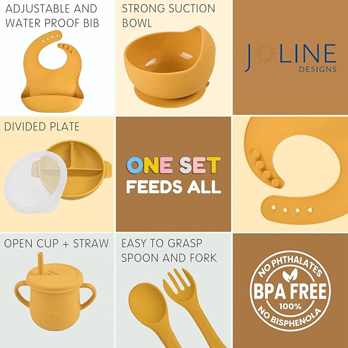 Silicone Baby Feeding Set - Perfect silicone plates for baby & Toddler Plates with lid, Baby Bowls with Suction, Baby Utensils - Baby Led Weaning Supplies & Eating Essential - (Yellow)