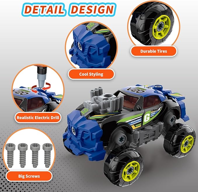 3-in-1 Building Car for Boys Ages 3+, Take Apart Car with Electric Drill, 43 Pcs Construction Toy Truck, Build Your Own Cars with Play Tools, Ideal Educational Present for Kids Children (Black)