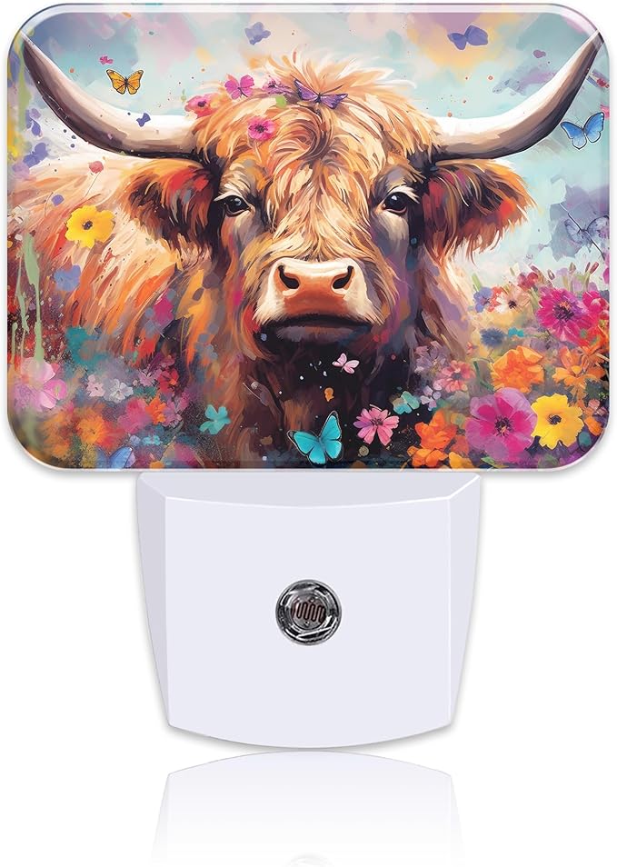 Watercolor Highland Cow Night Light, Flowers and Butterflies Nightlight Plug into Wall with Dusk to Dawn Sensor for Kid Girls Boys Women Men Bedroom, Hallway, Kitchen, Bathroom, Stairs Decor