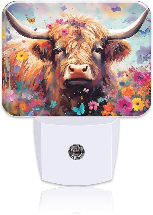 Watercolor Highland Cow Night Light, Flowers and Butterflies Nightlight Plug into Wall with Dusk to Dawn Sensor for Kid Girls Boys Women Men Bedroom, Hallway, Kitchen, Bathroom, Stairs Decor