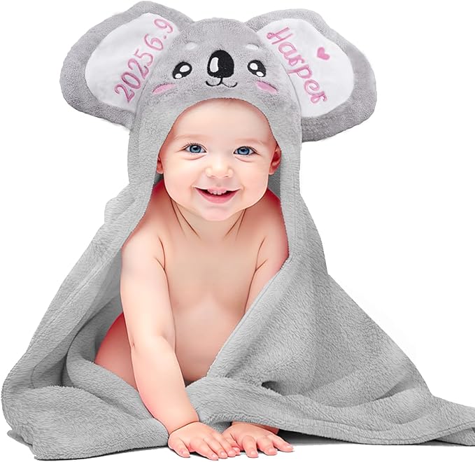 Custom Hooded Baby Towel with Name, Soft and Absorbent Customized Koala Toddler Towels, Baby Bath Towel for Boys and Girls, Easter Birthday Towel for Kids，Babies, Toddlers, Newborns Essential