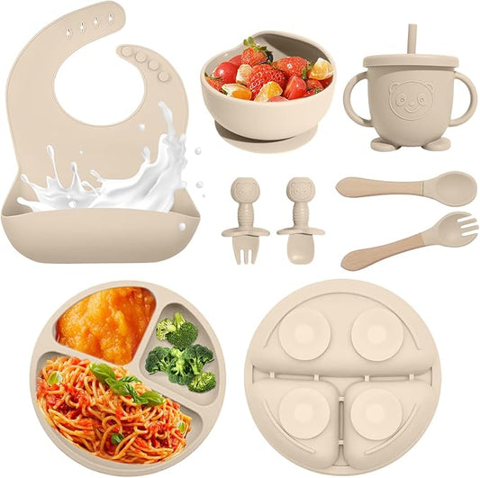 Baby Led Weaning Supplies, 8 Piece BPA-Free Silicone Feeding Set, Silicone Suction Bowl, Forks & Spoons, Bib & Cup, Develops Self Feeding Skills, Dishwasher Safe, for 6+ Months (Beige)