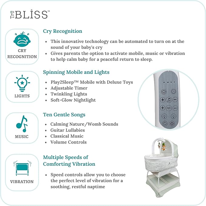 Baby Sweetli Calm Infant Bassinet Bedside Crib Sleeper with Cry Recognition, Electric Mobile with Deluxe Toys, Music, Nightlights, Vibration (Wheat Melange)