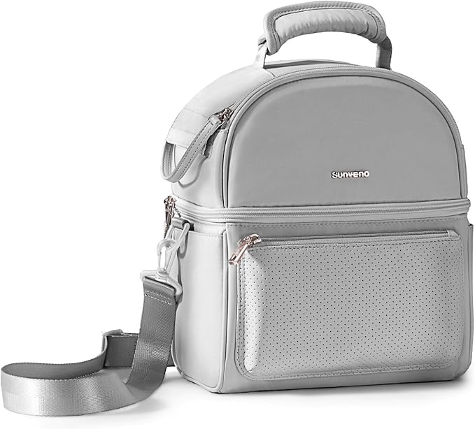 Sunveno Breastmilk Cooler Bag Set with 2 Ice Packs & Detachable Insulation Box, 15-Hour Cold Retention Foil-Lined Leak-Proof Tote Fits 3 Baby Bottles for On-The-Go Pumping Moms, Daycare & Travel,Grey