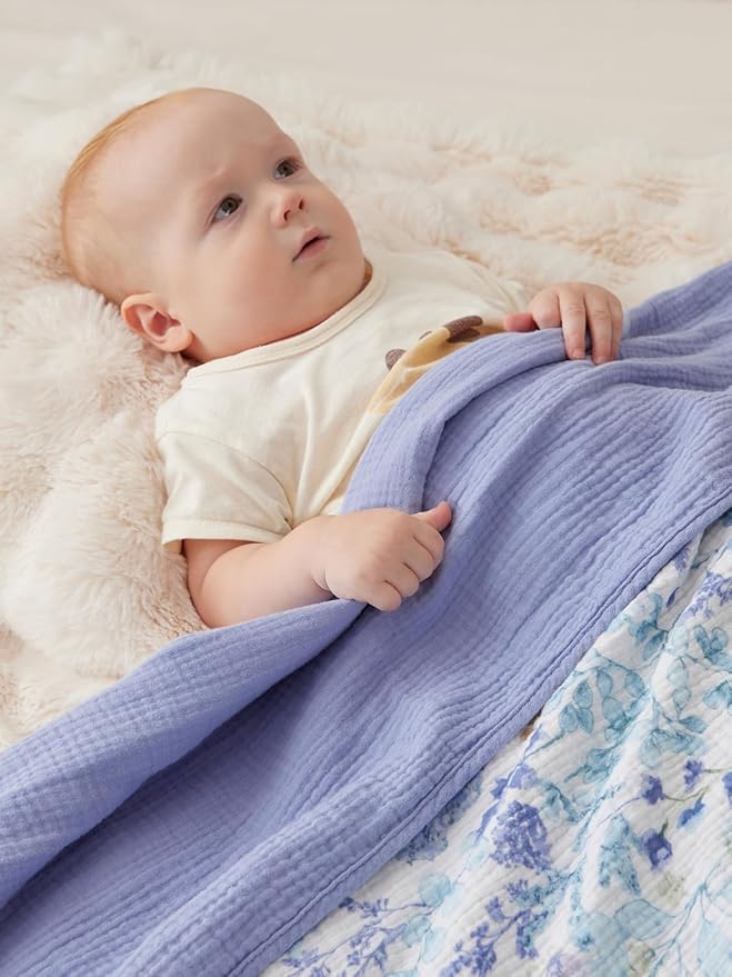 TILLYOU Muslin Baby Blankets for Girls Boys, Cotton Baby Blankets, Soft Breathable and Lightweight 40"X40", Blue Flower