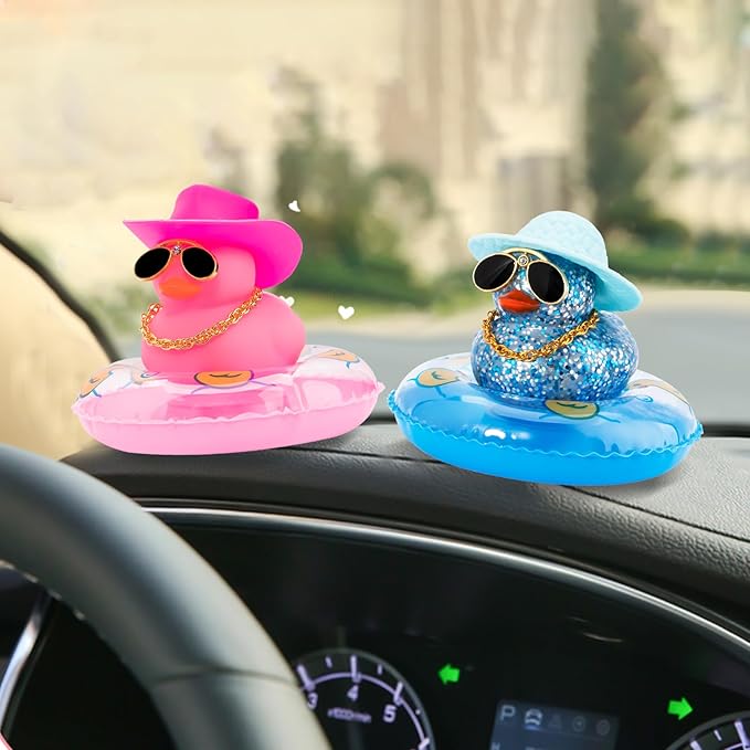 wonuu 2Pcs Car Dashboard Decorations Color Ducks, Rubber Duck for Car Ornament Accessories with Mini Hat Sunglasses Necklace and Swim Ring, A_Pink&Blue Duck+Pink Cowboy&Blue Sun Hat