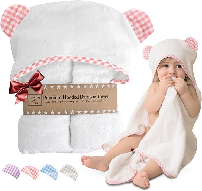 Channing & Yates Premium Boutique Baby Towels for Girls - Hooded Girl Towel & Washcloth Set - Organic Viscose Made from Bamboo Baby Towels with Hood - Baby Girl Bath Towels (Pink)