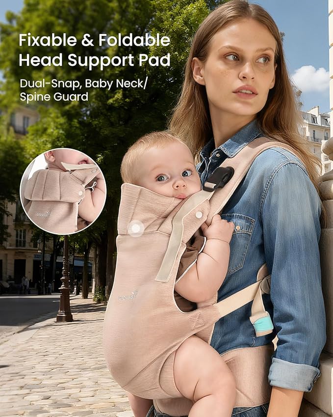 Grownsy Baby Carrier Newborn to Toddler (7-44lbs), Ergonomic & Cozy Wraps with One-Click Buckle, Head Support for Hands-Free Comfort, Dusty Pink