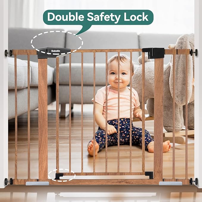 Mom's Choice Award Winner-BABELIO 26-40" Metal Baby Gate with Wood Pattern, PressGuard C5 Easy Install Pressure Mounted Dog Gate for Stairs and Doorways, with Wall Protectors and Extension Kits