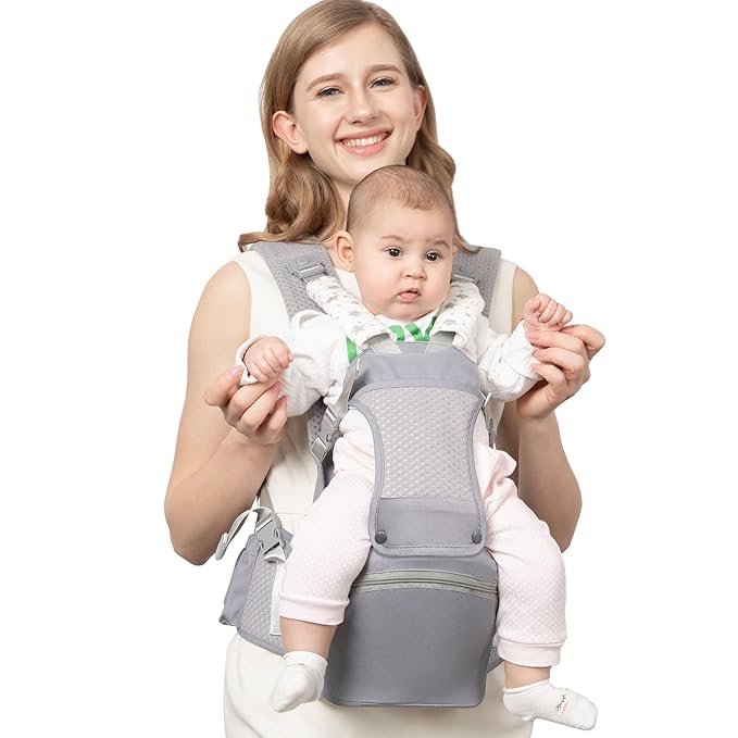 Baby Carrier with Hip Seat for Newborn to Toddler, 6-in-1 Ergonomic Infant Carrier for 0-36 Month Baby, All Positions Soft Breathable Mesh Wrap Carrier with Waist Stool, Baby Holder-Grey