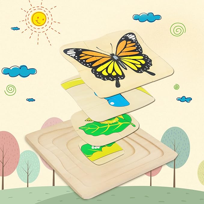 Montessori Wooden Puzzles for Kids Ages 4-8, 4 Layer Life Cycle of Butterfly Jigsaw Puzzle for Toddlers, Children Preschool Learning Educational Puzzles Spring Toys Gift for Boys and Girls (Butterfly)