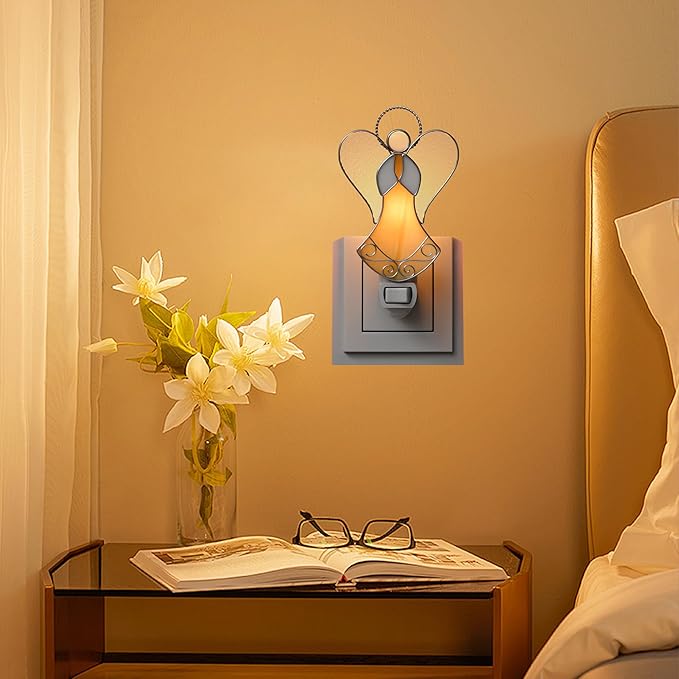 Night Lights Plug into Wall,Stained Glass Yellow Angel Plug in Night Light for Wall Socket Decorative Nightlight for Bedroom Hallway Kitchen Home for Mom Mother`s Day Birthday Christmas Gifts