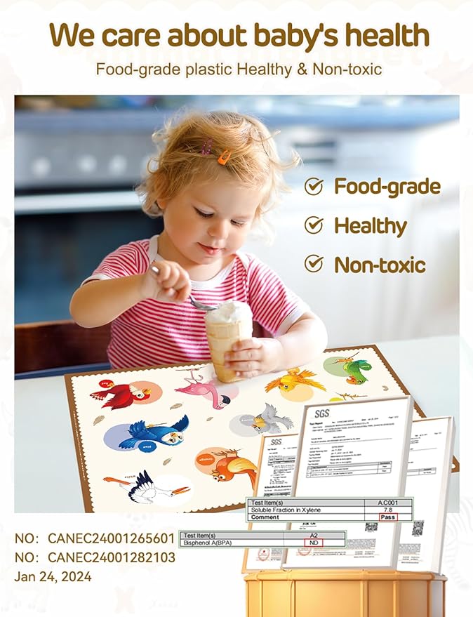 45 Pack Sticky Disposable Placemats for Baby & Toddlers,Cute Color Bird Toddler Placemat 12"x18" Kids Table Mat for Party, Picnic Table, Restaurants Dining Table Travel Essentials for Toddlers