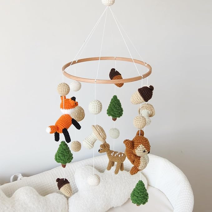 Woodland Mobile for Crib Forest Baby Crib Mobile for Boys Girls Crocheted Animals Baby Mobile for Crib