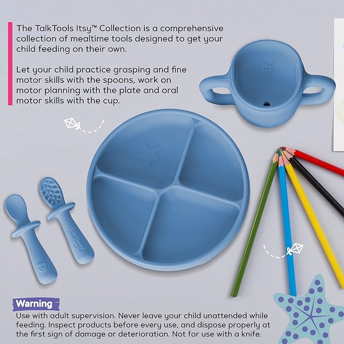 TalkTools ITSY Silicone Baby Plates Set with Suction – Feeding Essentials for Toddlers 6–12 Months+ | BLW Mealtime Set with Twin Spoon, Spill-Proof Sippy Cup | Self-Feeding Utensils (Ocean)