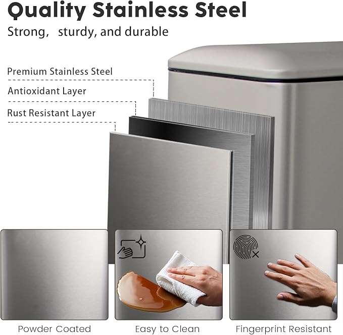 Bathroom Bin 10L, Small Kitchen Bins with Soft Close Lid,Slim Pedal Bin with Removable Inner Bucket,Small Bins for Bathroom,Kitchen,Bedroom,and Office,grey